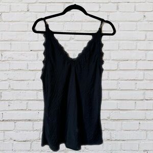 Black Satin Tank Top with Lace Detail